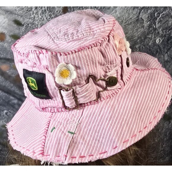 OOAK Magnolia Boho Indie Pink John Deere Upcycle Bucket Hat Adjustable M 22"-23" - Picture 1 of 16